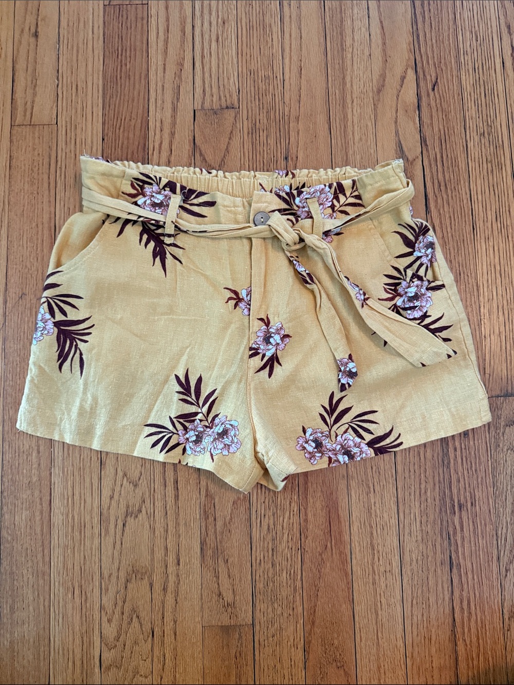Sky and Sparrow Mustard Floral High-Waist Tie Shorts